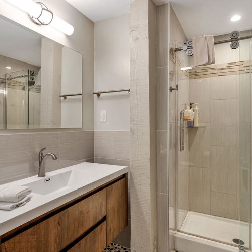 Spa-style shower just steps from the sink