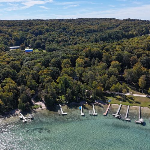 OVERVIEW:  Aerial photo of the private dock from up above Crystal Lake.