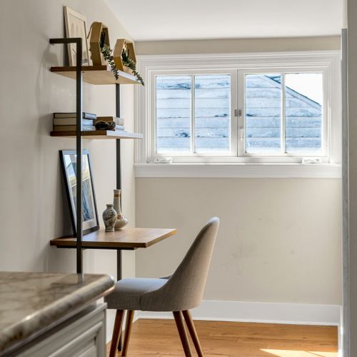 Floating shelves and a desk for remote work