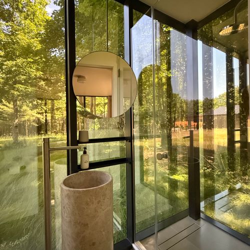 Glass-walled shower and stone vanity, open to the forest just beyond the pane.