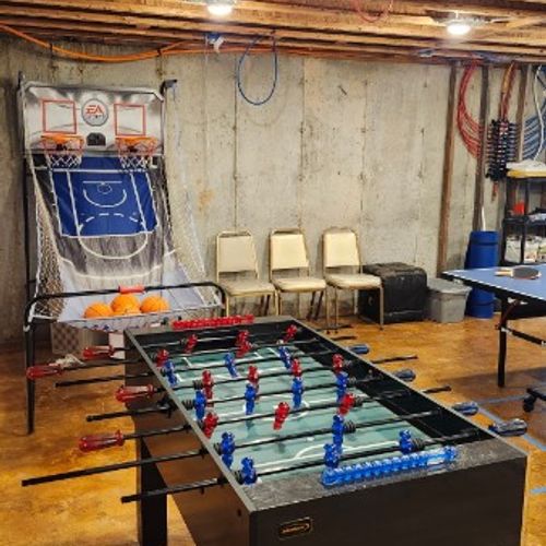 Basement basketball, foosball, and Ping-Pong.