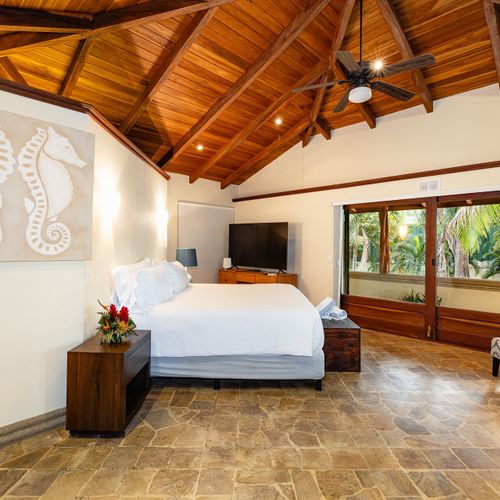 Master king bedroom - vaulted exposed-beam ceiling, sliding doors to a private balcony in the canopy.