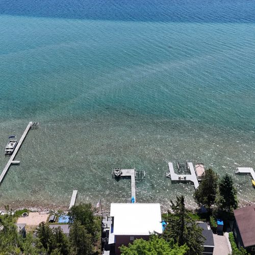 OVERVIEW:  Aerial photo from above Eagles Landing looking out at Crystal Lake.