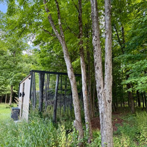 Tucked into the tree line, the mirrored guest house all but disappears into the woods.