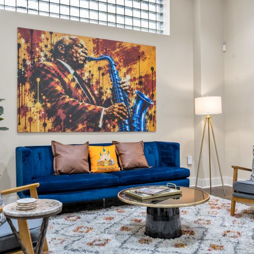 Bold local art meets plush blue velvet