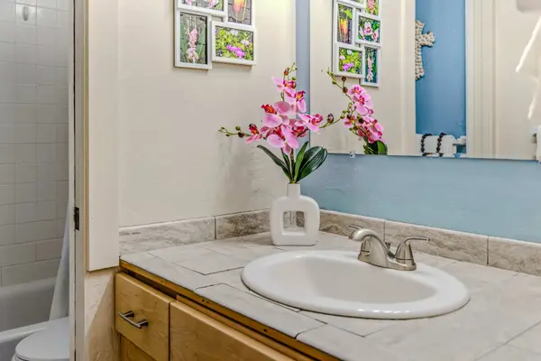 Clean and bright vanity area with plenty of counter space.