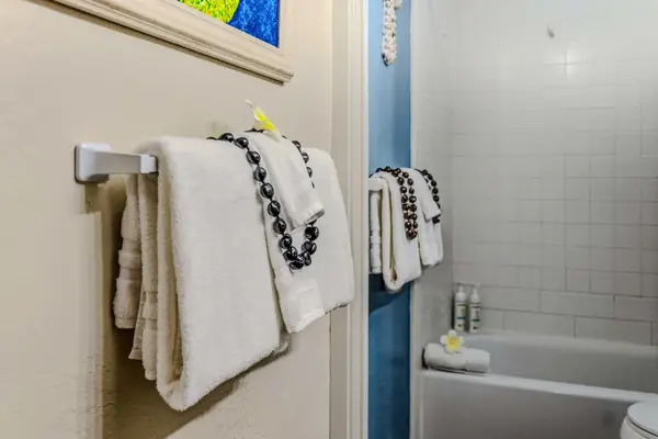 Fresh towels and a full bathtub for your comfort.