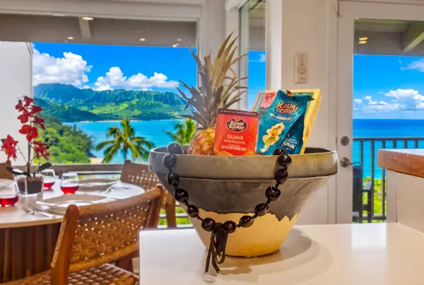 Dining table beautifully set with island views