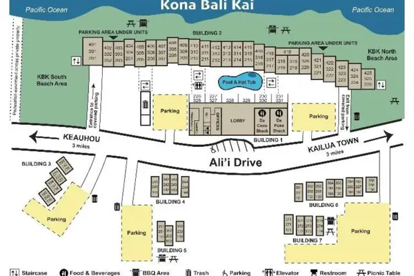 Resort Property Map Showing Building Layout, Parking, Pools, and Ocean Access