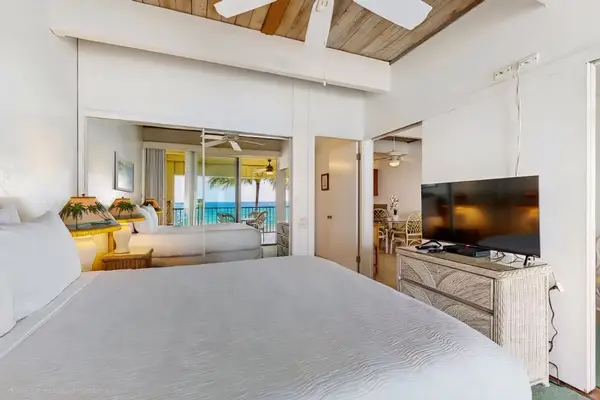 Spacious Bedroom with King Bed, Vaulted Wood Ceilings, Flat-Screen TV, and Mirrored Closet