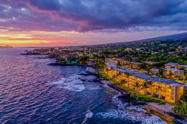 Breathtaking Aerial View of the Oceanfront Resort Complex at Sunset