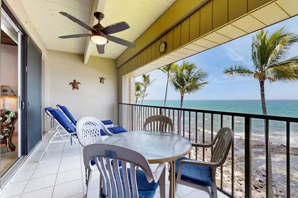 Covered Oceanfront Balcony with Ceiling Fan, Seating, Lounge Chairs, and Beach Views