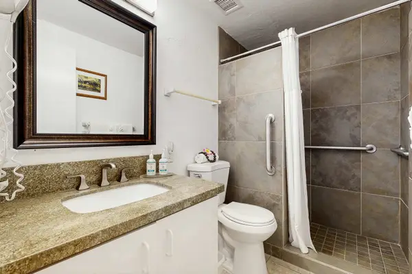 Full Bathroom Featuring Walk-In Tiled Shower with Safety Grab Bars, Vanity, and Large Mirror