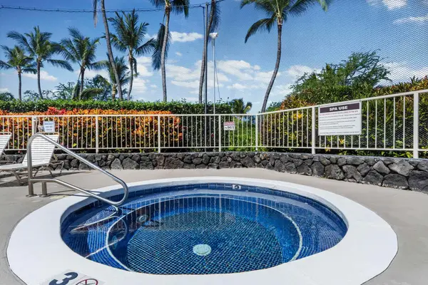 Outdoor hot tub with surrounding palm trees