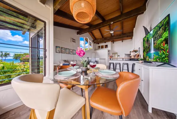 Dining area with bright open windows
