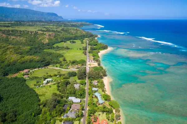 Elevated coastline view captures winding roads, green fields, and ocean waters