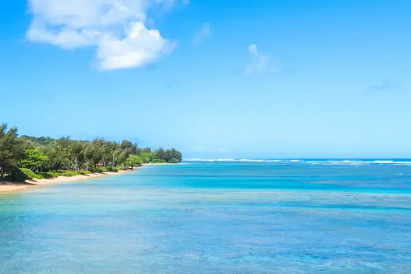 Calm ocean view stretches toward the horizon beneath a bright sky