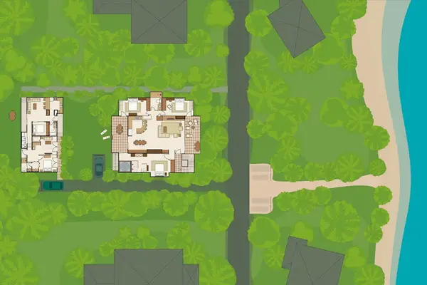Property site plan illustrates buildings, gardens, pathways, and surrounding grounds