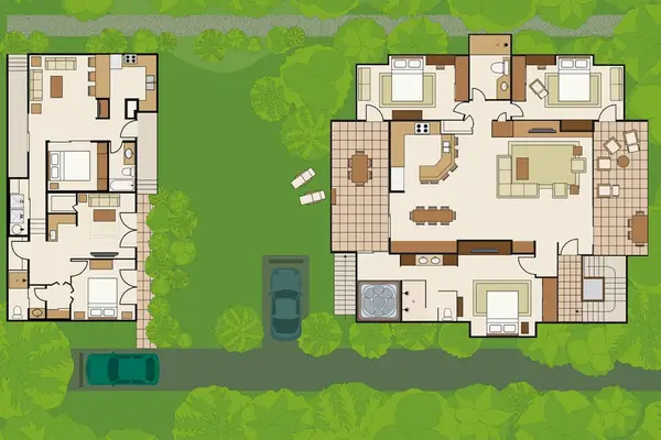 Architectural floor plan displays bedrooms, living spaces, bathrooms, and outdoor areas