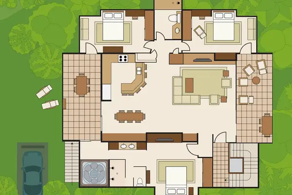 Detailed layout highlights room arrangements, pathways, gardens, and property boundaries