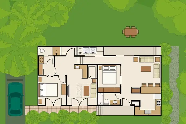 Ground-level plan illustrates bedrooms, shared spaces, porches, and surrounding landscaping
