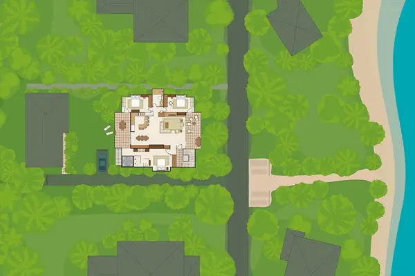 Property site plan illustrates buildings, pathways, gardens, and surrounding grounds