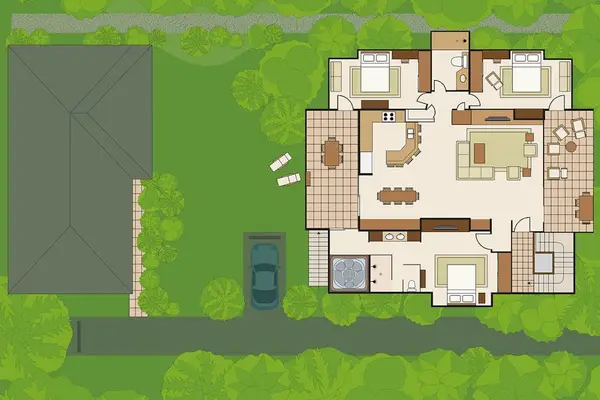 Architectural layout highlights room placement, outdoor areas, and property boundaries