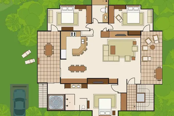 Detailed floor plan displays bedrooms, bathrooms, living spaces, and kitchen