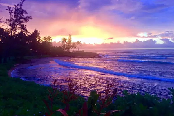Experience Hawaii's picturesque sunsets as vibrant shades of orange, pink, and blue paint the sky above the Pacific Ocean.