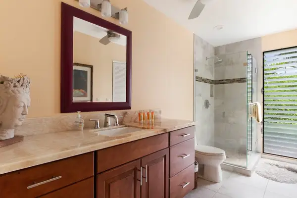 Full Guest Bathroom with Long Vanity & Glass Walk-In Shower