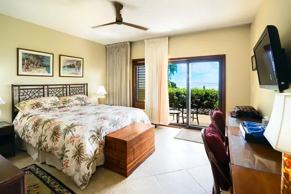 Guest bedroom with king bed and lanai access.