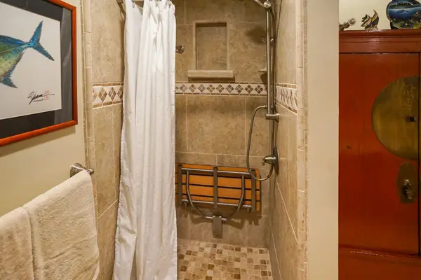 Guest bathroom with walk in shower.