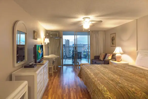 Relax in this comfortable studio while enjoying beautiful city views from your stay.