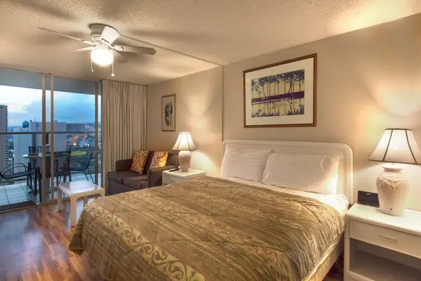 Settle into this peaceful studio, offering a comfortable king bed and easy access to your own balcony.