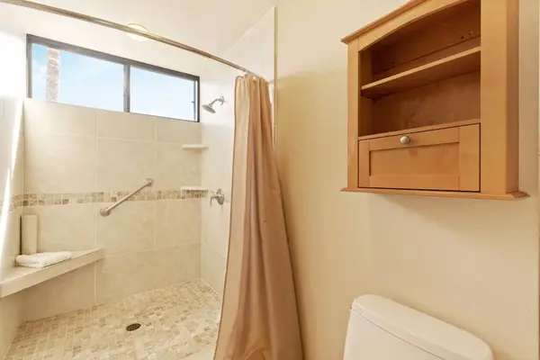 Walk-in shower includes glass doors, tilework, fixtures, shelving, and lighting