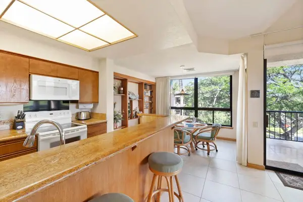 Open kitchen connects counters, appliances, dining seats, artwork, and views