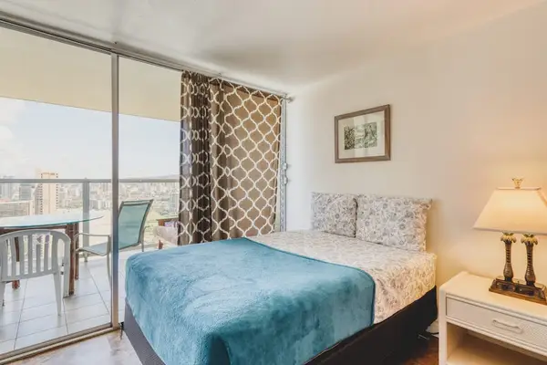 Thoughtfully arranged studio with comfortable sleeping and living space.