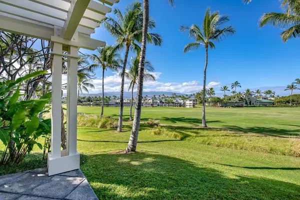 Palm-lined resort lawn surrounds the home with skies and greenery