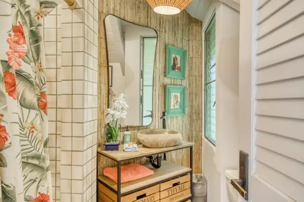 Stylish bathroom with a handcrafted stone vessel sink