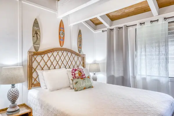 Bright Guest Room Featuring Woven Lattice Headboard
