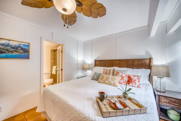 Spacious Bedroom Setup Featuring Tropical Ceiling Fan