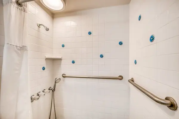 Full bathroom with a walk-in shower and safety grab bars.