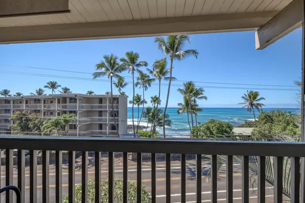 Private balcony perspective featuring a sturdy wooden railing, beautiful towering palm trees, and scenic views of the bright blue ocean horizon! 🌴🌊✨😎