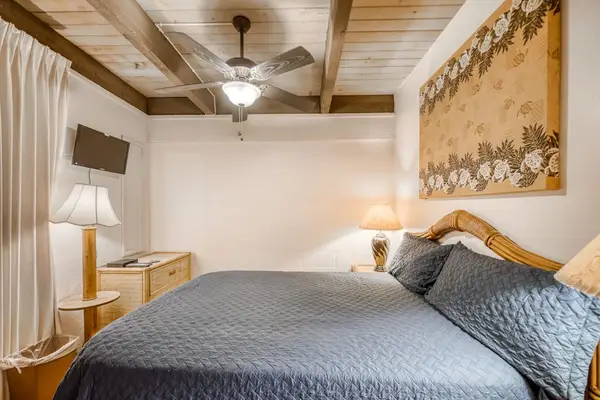 Comfortable bedroom setup featuring a large bed, cooling ceiling fan, decorative wall tapestry, and beautiful high vaulted wooden ceilings! 🛏️🌀✨🌴