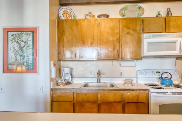 Detailed kitchen setup featuring warm wooden cabinetry, full oven stove, microwave, and countertop sink station! 🍳🎛️☕✨
