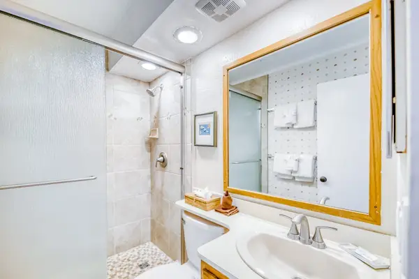Guest bathroom with walk in shower.