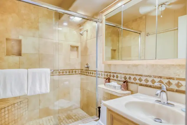 Bathroom with spacious walk-in tile shower.