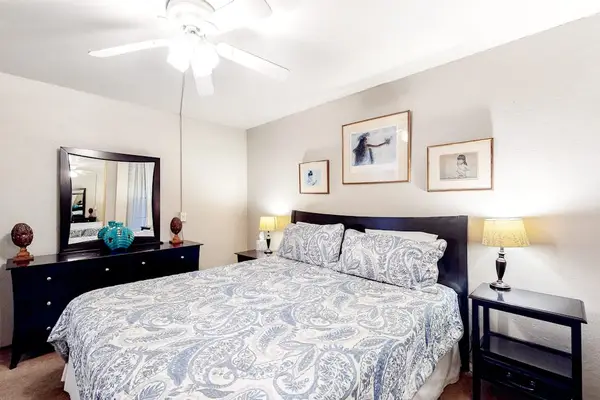 Bedroom with king bed and en suite bathroom.