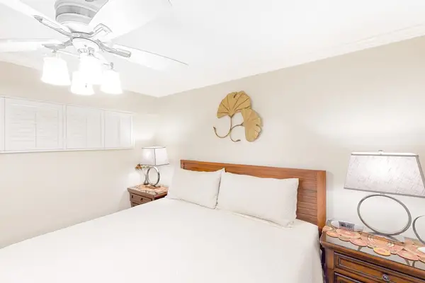 Master bedroom with king bed, en-suite bathroom and a flat screen tv.