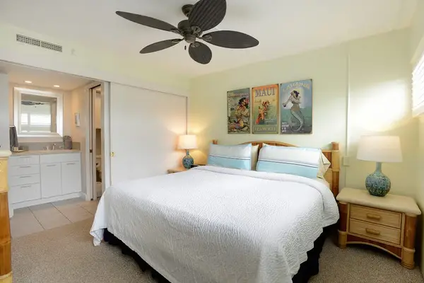 Master bedroom with king bed and en suite bathroom.
